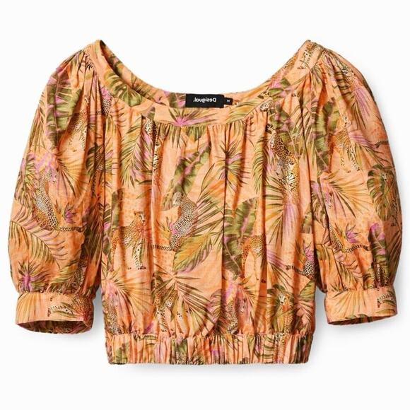 Desigual Safari Tropical Leopard Short Balloon Sleeve Cropped Top Size Medium - Picture 1 of 11